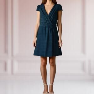 Milly Women's Sz‎ 4 Boucle Tweed Wrap Front Evening Dress Navy Blue Metallic New
